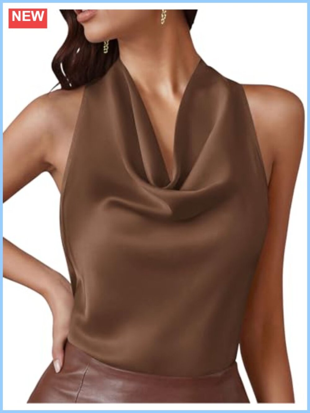 Satin Cowl Neck Halter Top Women Sleeveless Tie Back Blouse